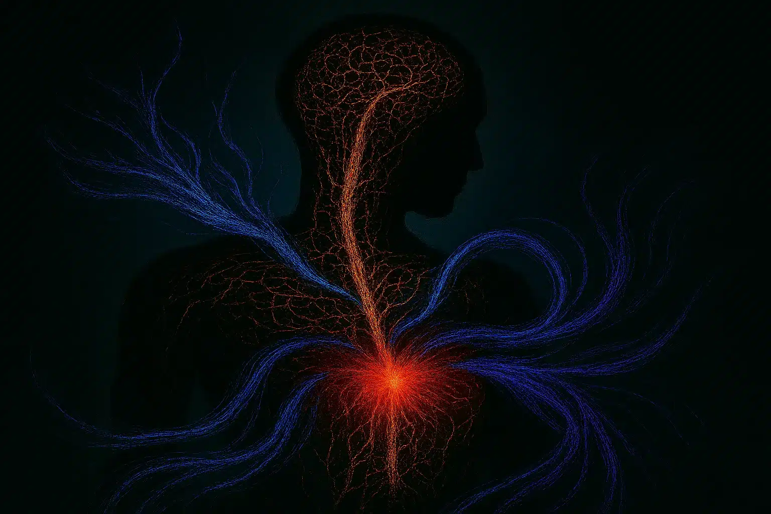 Figura umana immersa in penombra, con il Sistema Nervoso Centrale che brilla in una rete neurale dorata e intricata. Il punto di dolore al centro del petto pulsa in rosso-arancio vibrante, mentre i flussi energetici blu e viola si intrecciano con eleganza, suggerendo la consapevolezza e la modulazione cognitiva.