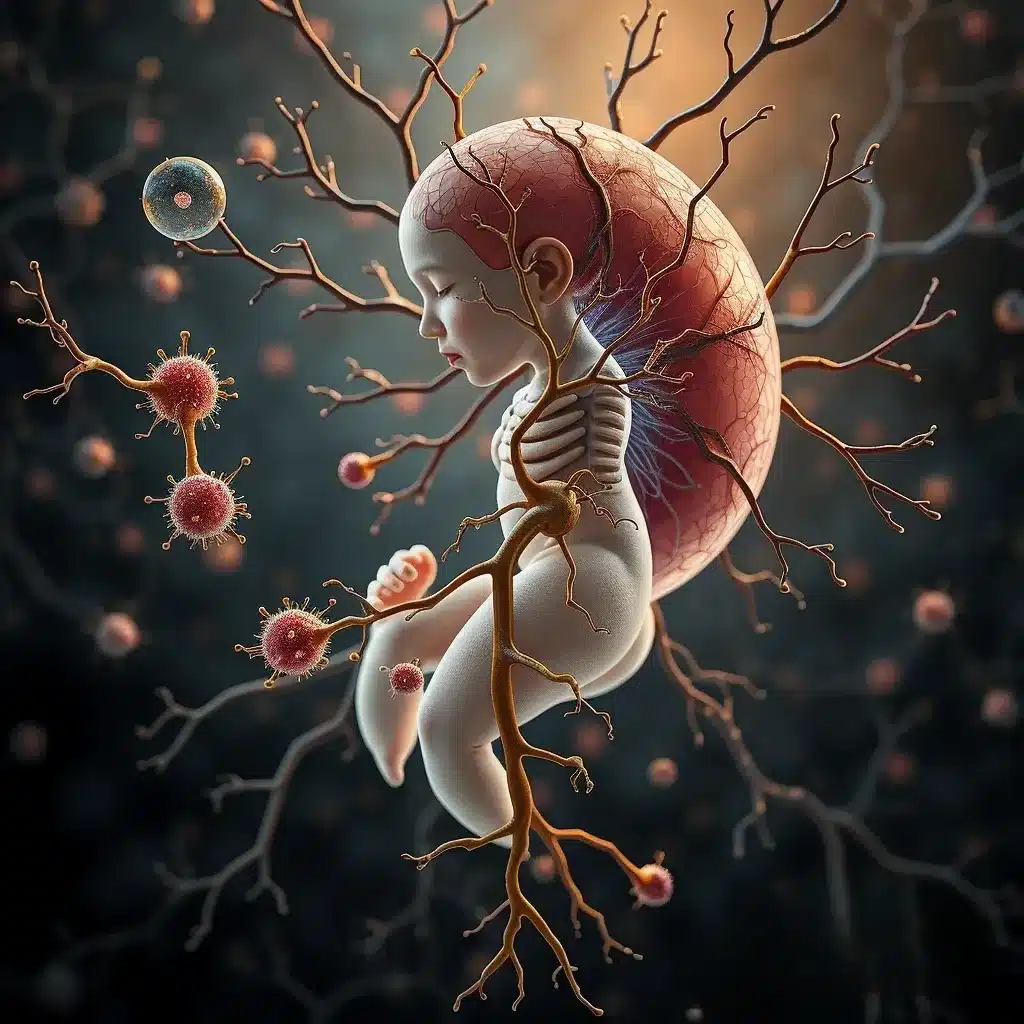 Illustrazione concettuale del sistema nervoso umano in fase di sviluppo embrionale, con cellule che si differenziano in tessuti nervosi e cutanei.