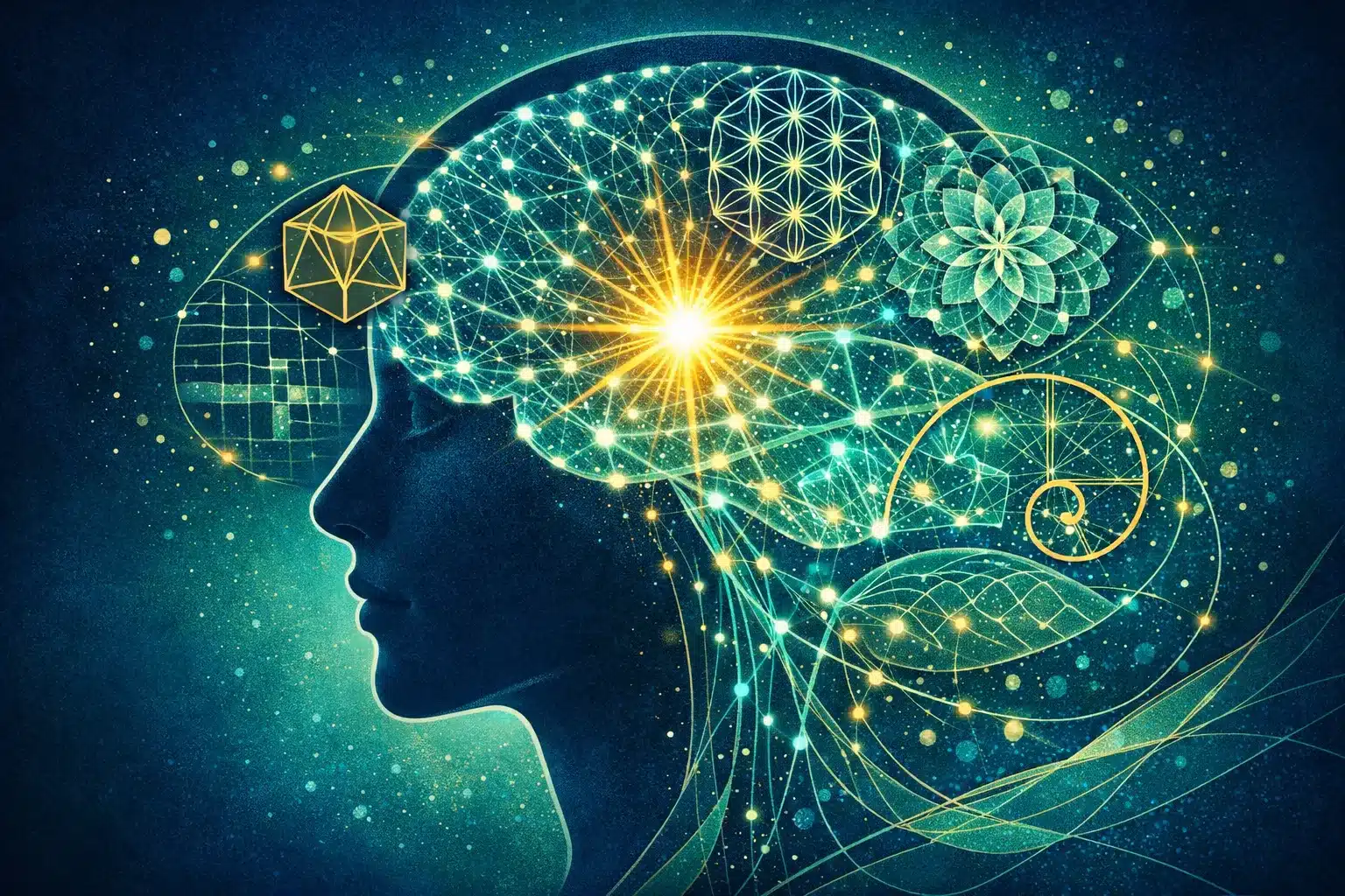 "Illustrazione concettuale e moderna che fonde medicina e spiritualità. Un profilo umano stilizzato dove il cervello è visualizzato come una rete luminosa di connessioni neurali che si trasformano in intricati pattern geometrici e artistici, richiamando il concetto di 'isole di abilità' e la bellezza della diversità funzionale. Al centro, un punto di luce radiante simboleggia l'Io e l'autopoiesi. Stile pulito, professionale, colori blu profondo, verde acqua e tocchi dorati. Atmosfera di saggezza e potenziale evolutivo." Articolo Gaia Ruia