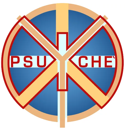 Logo della palestra della coscienza Psuché: il bordo rosso di una farfalla inserita sopra lo scudo della Sigmasofia, assi con vari punti di dorato su sfondo blu.